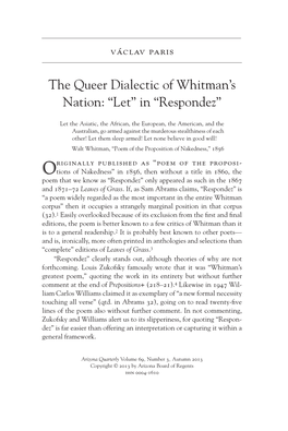 The Queer Dialectic of Whitman's Nation: 'Let' in “Respondez,”