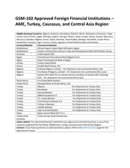 GSM-102 Approved Foreign Financial Institutions – AME, Turkey, Caucasus, and Central Asia Region