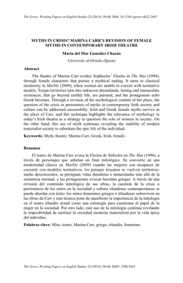 MYTHS in CRISIS? MARINA CARR's REVISION of FEMALE MYTHS in CONTEMPORARY IRISH THEATRE María Del Mar González Chacón Univers