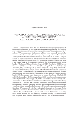 Francesca Da Rimini Da Dante a Zandonai. Alcune Osservazioni Su Una Metanarrazione Ottocentesca