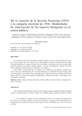 De La Creación De La Sección Femenina (1934) a La Campaña Electoral De 1936: Modalidades De Intervención De Las Mujeres Falangistas En La Esfera Pública 1