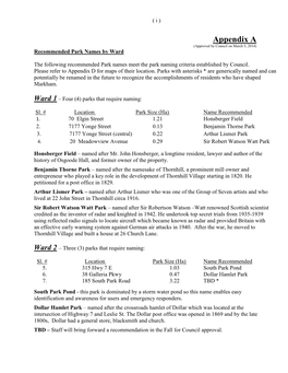 Appendix a (Approved by Council on March 5, 2014) Recommended Park Names by Ward