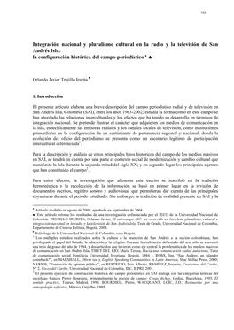 Integración Nacional Y Pluralismo Cultural En La Radio Y La Televisión De San Andrés Isla: La Configuración Histórica Del Campo Periodístico ♦ ♠