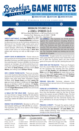 BROOKLYN CYCLONES (4-1) @ LOWELL SPINNERS (3-2) RHP Corey Oswalt (Milb Rehab) Vs