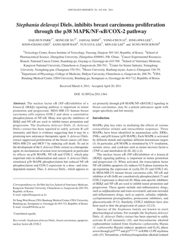 Stephania Delavayi Diels. Inhibits Breast Carcinoma Proliferation Through the P38 MAPK/NF-Κb/COX-2 Pathway