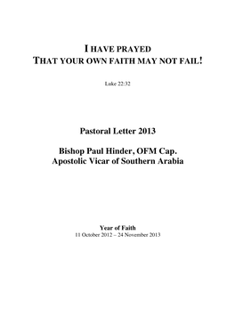Pastoral Letter 2013 Bishop Paul Hinder, OFM Cap. Apostolic Vicar of Southern Arabia