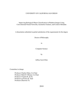 UNIVERSITY of CALIFORNIA SAN DIEGO Improving Biological Object Classification in Plankton Images Using Convolutional Neural
