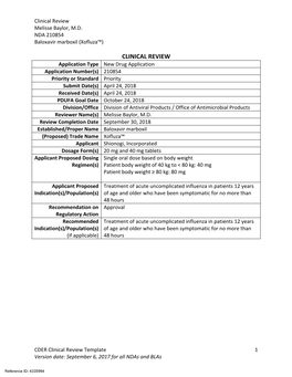 Clinical Review Melisse Baylor, MD NDA 210854 Baloxavir Marboxil