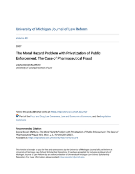 The Moral Hazard Problem with Privatization of Public Enforcement: the Case of Pharmaceutical Fraud