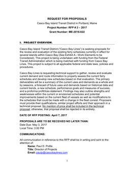 REQUEST for PROPOSALS Casco Bay Island Transit District in Portland, Maine Project Number: RFP # 2 – 2017 Grant Number: ME-2016-022
