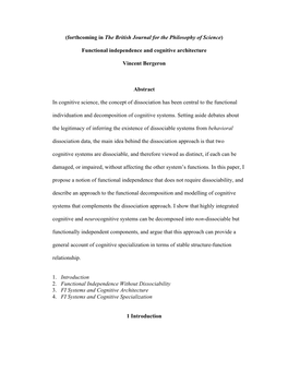 Functional Independence and Cognitive Architecture