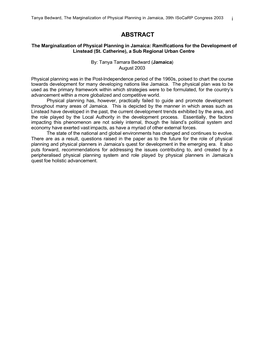 The Marginalization of Physical Planning in Jamaica, 39Th Isocarp Congress 2003 I