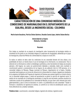 Caracterización De Una Comunidad Indígena En Condiciones De Marginalidad En El Departamento De La Guajira, Desde La Ingeniería Social- Colombia