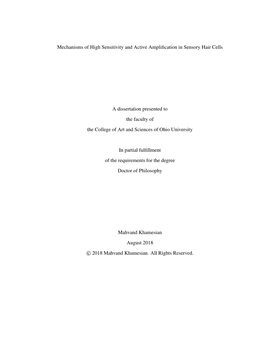 Mechanisms of High Sensitivity and Active Amplification in Sensory Hair Cells a Dissertation Presented to the Faculty of The