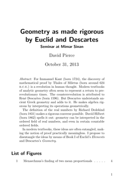 Geometry As Made Rigorous by Euclid and Descartes Seminar at Mimar Sinan David Pierce October 31, 2013