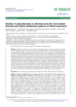 Studies of Laboulbeniales on Myrmica Ants (IV): Host-Related Diversity and Thallus Distribution Patterns of Rickia Wasmannii