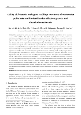 Ability of Swietenia Mahagoni Seedlings to Remove of Wastewater Pollutants and Bio-Fertilization Effect on Growth and Chemical Constituents