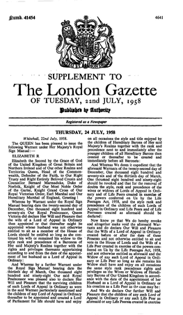 The London Gazette of TUESDAY, 22Nd JULY, 1958