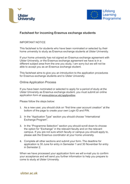 Factsheet for Incoming Erasmus Exchange Students Online