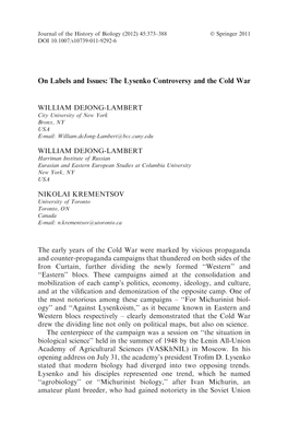 On Labels and Issues: the Lysenko Controversy and the Cold War
