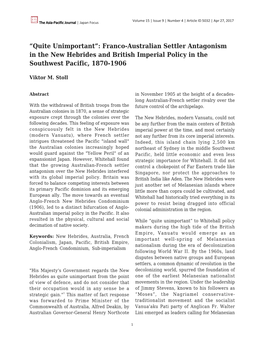 Franco-Australian Settler Antagonism in the New Hebrides and British Imperial Policy in the Southwest Pacific, 1870-1906