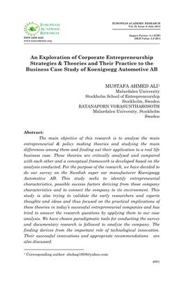 An Exploration of Corporate Entrepreneurship Strategies & Theories and Their Practice to the Business Case Study of Koenigsegg Automotive AB