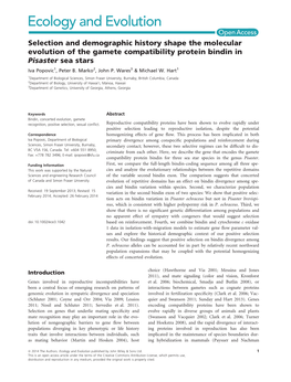Selection and Demographic History Shape the Molecular Evolution of the Gamete Compatibility Protein Bindin in Pisaster Sea Stars Iva Popovic1, Peter B