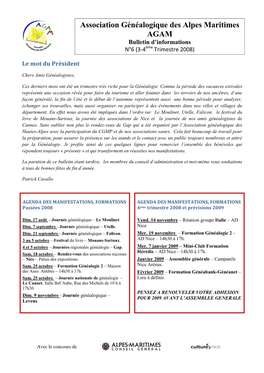 Association Généalogique Des Alpes Maritimes AGAM Bulletin D’Informations Ème N°6 (3-4 Trimestre 2008)