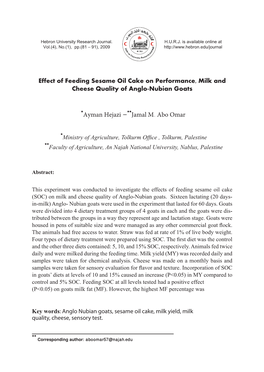 Effect of Feeding Sesame Oil Cake on Performance, Milk and Cheese Quality of Anglo-Nubian Goats