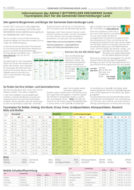 GEMEINDE OSTERNIENBURGER LAND Tourenpläne 2021| Blatt 1 Informationen Der ANHALT-BITTERFELDER KREISWERKE Gmbh Tourenpläne 2021 Für Die Gemeinde Osternienburger Land