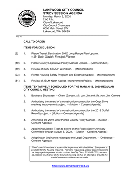 LAKEWOOD CITY COUNCIL STUDY SESSION AGENDA Monday, March 9, 2020 7:00 P.M