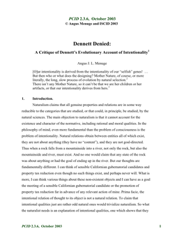 Dennett Denied: a Critique of Dennett’S Evolutionary Account of Intentionality1
