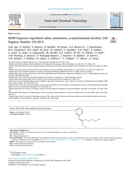 RIFM Fragrance Ingredient Safety Assessment, Α-Amylcinnamyl Alcohol, CAS T Registry Number 101-85-9 A.M