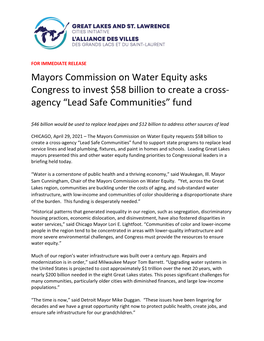 Mayors Commission on Water Equity Asks Congress to Invest $58 Billion to Create a Cross- Agency “Lead Safe Communities” Fund
