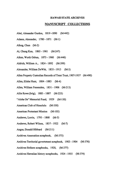 HAW All STATE ARCHIVES MANUSCRIPT COLLECTIONS