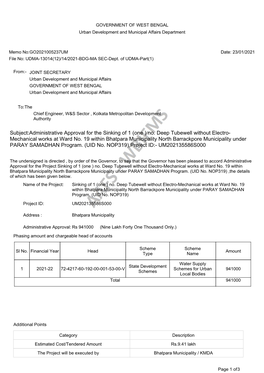 Subject:Administrative Approval for the Sinking of 1 (One ) No. Deep Tubewell Without Electro- Mechanical Works at Ward No