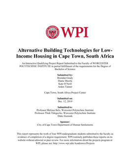 Alternative Building Technologies for Low- Income Housing in Cape Town, South Africa
