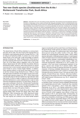 (<I>Oxalidaceae</I>) from the Ai-Ais / Richtersveld Transfrontier Park, So