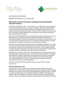 Otto Bremer Trust Unveils Logo for Subsidiary Community Benefit Financial Company