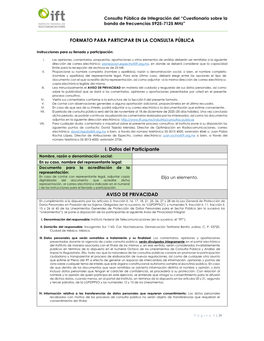 FORMATO PARA PARTICIPAR EN LA CONSULTA PÚBLICA I. Datos Del Participante AVISO DE PRIVACIDAD