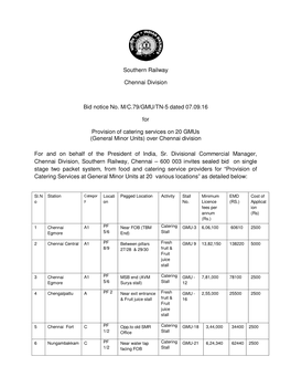 Southern Railway Chennai Division Bid Notice No. M/C.79/GMU/TN-5