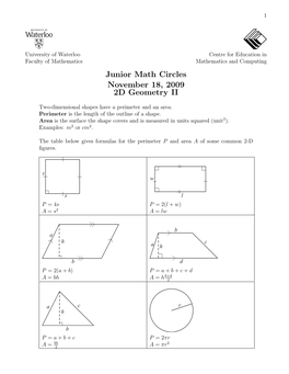 Junior Math Circles November 18, 2009 2D Geometry II