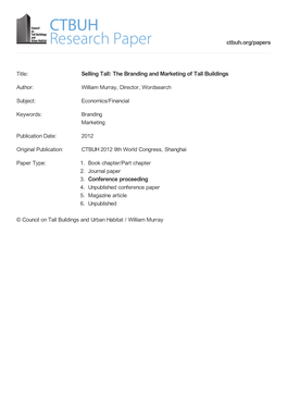 Selling Tall: the Branding and Marketing of Tall Buildings 3. Conference Proceeding