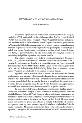 METASTASIO Y EL MELODRAMA ITALIANO Un Aspecto Significativo