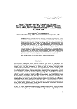 Smart Growth and the Challenge of Nimby: Multifamily Dwellings and Their Association with Single-Family House Selling Prices in Tallahassee, Florida, Usa