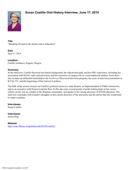 Susan Castillo Oral History Interview, “Breaking Ground in the Senate and in Education”, June 17, 2014 Page 2 of 10