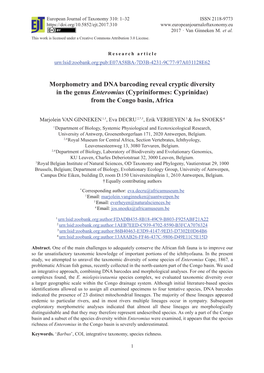 Morphometry and DNA Barcoding Reveal Cryptic Diversity in the Genus Enteromius (Cypriniformes: Cyprinidae) from the Congo Basin, Africa