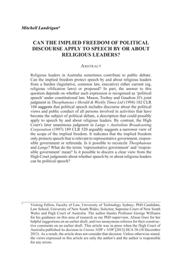 Can the Implied Freedom of Political Discourse Apply to Speech by Or About Religious Leaders?