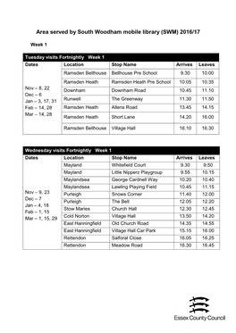 Area Served by South Woodham Mobile Library (SWM) 2016/17