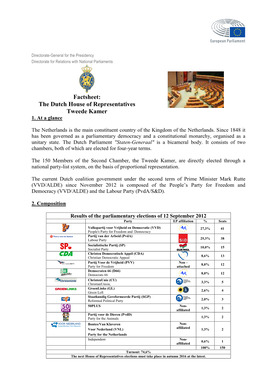 Factsheet: the Dutch House of Representatives Tweede Kamer 1